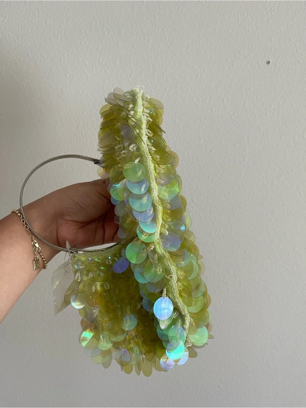Iridescent Lime Sequin Halo Handle Clutch